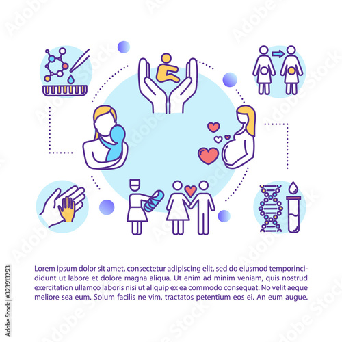 Reproductive technology concept icon with text. Surrogate mother. Egg donation. Alternative pregnancy. PPT page vector template. Brochure, magazine, booklet design element with linear illustrations