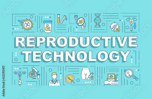 Reproductive technology word concepts banner. Scientific research. Biochemistry. Infographics with linear icons on blue background. Isolated typography. Vector outline RGB color illustration