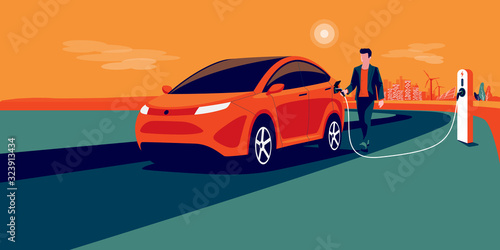 Electric car charging on city skyline landscape, renewable power generation solar panel, wind turbine. Vector illustration of man hand holding charger station plug cable plugged in battery EV vehicle.