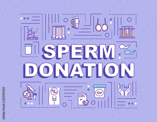Sperm donation word concepts banner. Assisted reproductive technology. Male donor. Infographics with linear icons on purple background. Isolated typography. Vector outline RGB color illustration