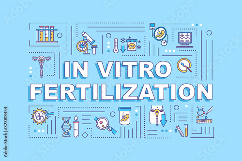 In vitro fertilization word concepts banner. Genetic engineering. Fetus, embryo. Infographics with linear icons on turquoise background. Isolated typography. Vector outline RGB color illustration