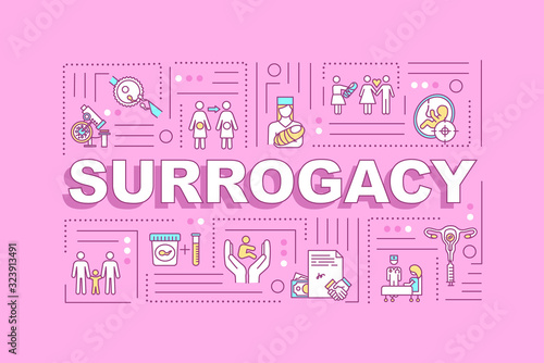 Surrogacy word concepts banner. Arranged child birth. Female egg donor. Surrogate mother. Infographics with linear icons on pink background. Isolated typography. Vector outline RGB color illustration