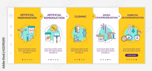 Reproductive technology onboarding vector template. Artificial reproduction. Cells cryopreservation. Responsive mobile website with icons. Webpage walkthrough step screens. RGB color concept