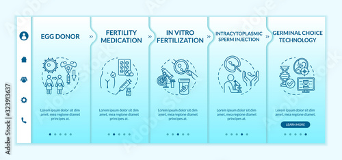 Reproductive technology onboarding vector template. In vitro fertilization. Egg donor, surrogacy. Responsive mobile website with icons. Webpage walkthrough step screens. RGB color concept