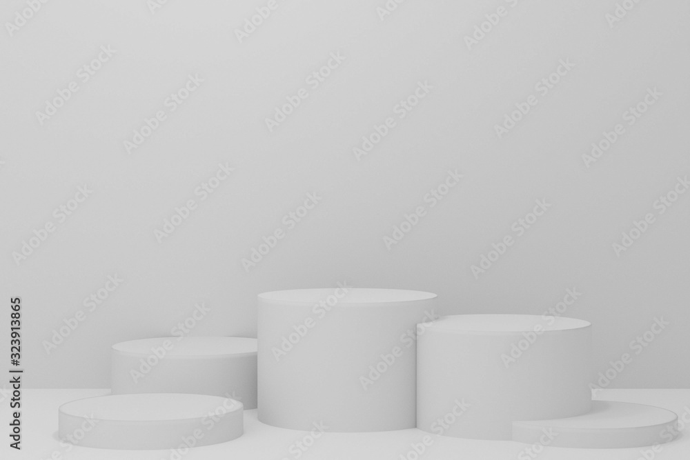3d rendered illustration with geometric step white cylinder podium platform for cosmetic product presentation.Mock up design empty space. Abstract composition in pastel background modern style 3d rendered illustration with geometric step white cylinder podium platform for cosmetic product presentation.Mock up design empty space. Abstract composition in pastel background modern style