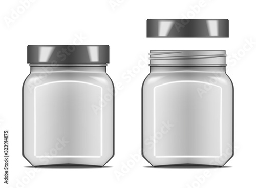 Clear glass square jar with closed and open screw lid isolated on white background, vector mockup. Food or cosmetic product packaging, realistic illustration
