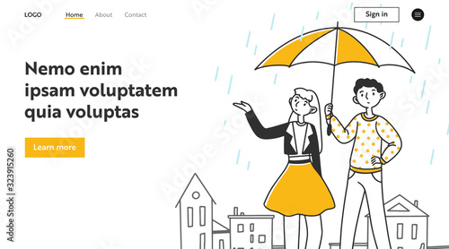Young couple dating outside in rain. Man and woman walking, holding umbrella, parasol flat vector illustration. Weather, protection, climate concept for banner, website design or landing web page