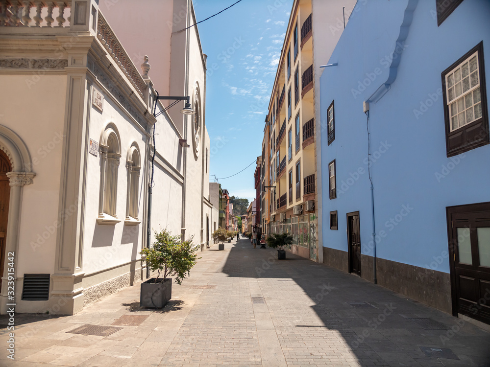 Beautiful colorful buildings on narrow street of city San Cristobal de La Laguna, Tenerife