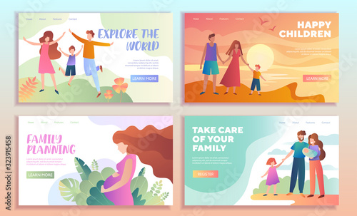 Set of insurance web page templates showing a pregnant woman and young families Exploring the World, walking on a beach at sunset and Parents Caring for their Children outdoors, vector illustration