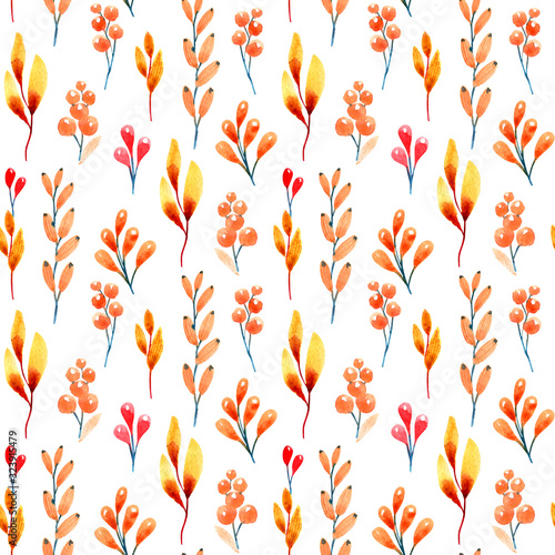 Seamless pattern with decorative berries on white background. Watercolor illustration.