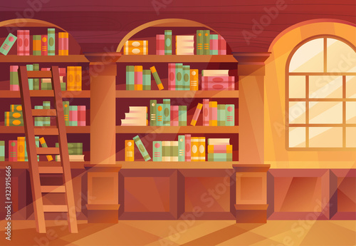 Interior of a library with books on the shelves in arched alcoves and a sunny window, colorful vector illustration photo