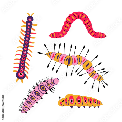 Set spring and summer colorful caterpillars. Pretty caterpillars different silhouette on white background For festive card, banner, children, pattern, tattoo, decorative, concept. Vector illustration