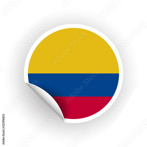 Sticker of Colombia flag with peel off corner isolated on white background. Paper banner or circle curl label sticker with flip edge. Vector color post note for advertising design