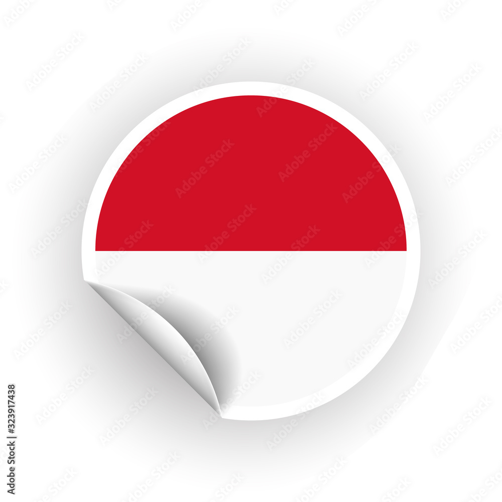 Sticker of Indonesia flag with peel off corner isolated on white background. Paper banner or circle curl label sticker with flip edge. Vector color post note for advertising design Sticker of Indonesia flag with peel off corner isolated on white background. Paper banner or circle curl label sticker with flip edge. Vector color post note for advertising design