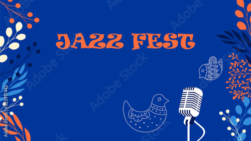 Jazz fest party vector classic blue poster with retro mic and negative space