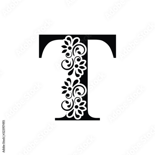 letter T. Vintage black flower ornament initial letters.  Alphabet. Logo vector 