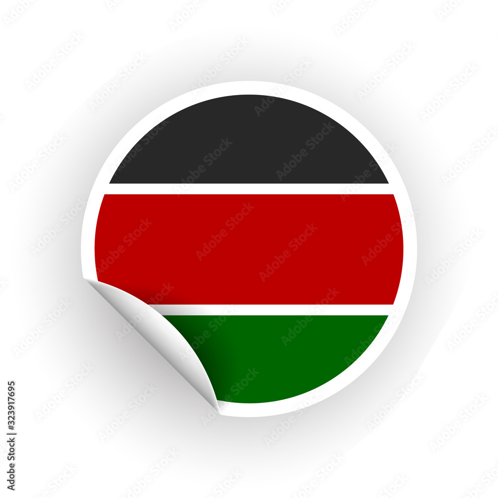 Sticker of Kenya flag with peel off corner isolated on white background. Paper banner or circle curl label sticker with flip edge. Vector color post note for advertising design Sticker of Kenya flag with peel off corner isolated on white background. Paper banner or circle curl label sticker with flip edge. Vector color post note for advertising design