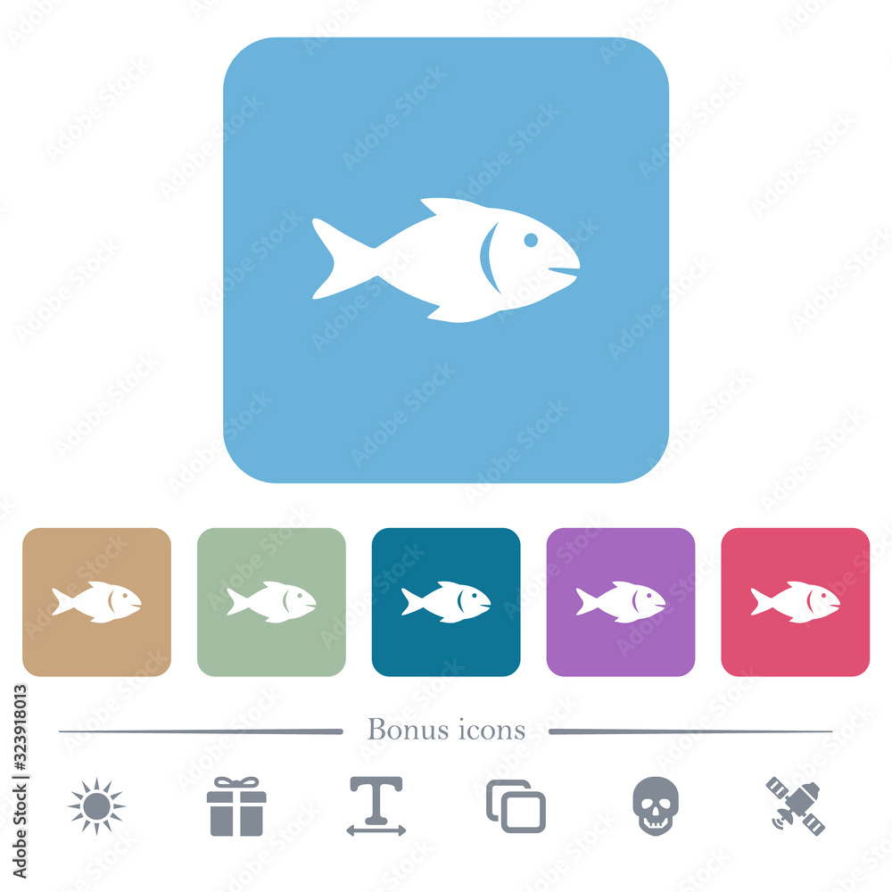 Naklejka premium Fish flat icons on color rounded square backgrounds