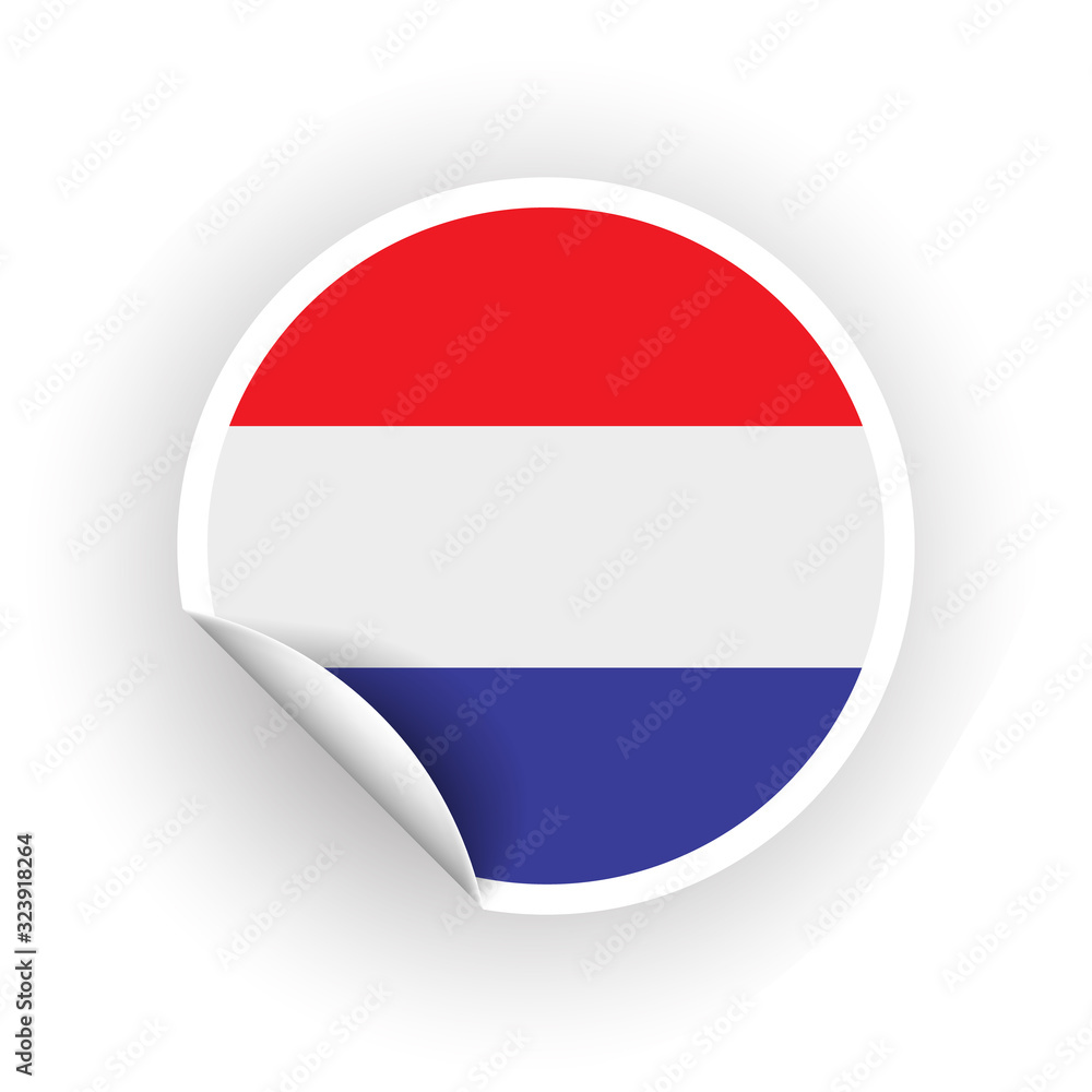 Sticker of Netherlands flag with peel off corner isolated on white background. Paper banner or circle curl label sticker with flip edge. Vector color post note for advertising design Sticker of Netherlands flag with peel off corner isolated on white background. Paper banner or circle curl label sticker with flip edge. Vector color post note for advertising design