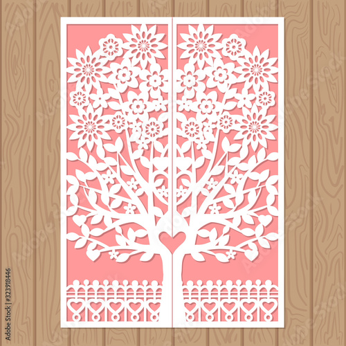 Template for laser cutting. Wedding invitation with a tree. Vector