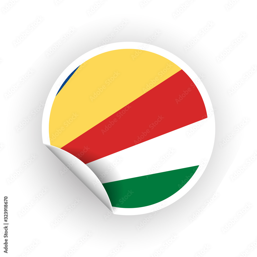 Sticker of Seychelles flag with peel off corner isolated on white background. Paper banner or circle curl label sticker with flip edge. Vector color post note for advertising design Sticker of Seychelles flag with peel off corner isolated on white background. Paper banner or circle curl label sticker with flip edge. Vector color post note for advertising design