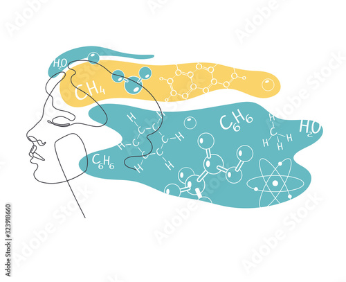 Chemical elements, molecules and crystal lattices in a female head. Female profile drawn in one line.
