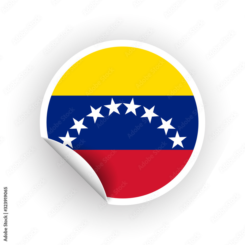 Sticker of Venezuela flag with peel off corner isolated on white background. Paper banner or circle curl label sticker with flip edge. Vector color post note for advertising design Sticker of Venezuela flag with peel off corner isolated on white background. Paper banner or circle curl label sticker with flip edge. Vector color post note for advertising design