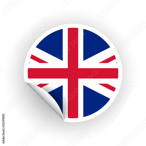 Sticker of UK flag with peel off corner isolated on white background. Paper banner or circle curl label sticker with flip edge. Vector color post note for advertising design