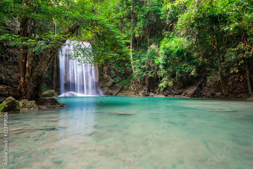 Waterfall in Tropical forest at Erawan waterfall National Park, Thailand 