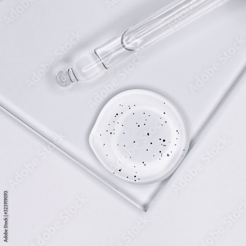 hyaluronic acid on white background. Top view, flat lay.