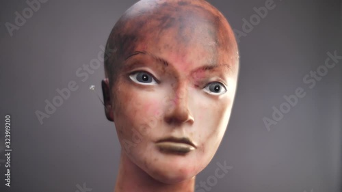Close up shot on mannequin face on grey background