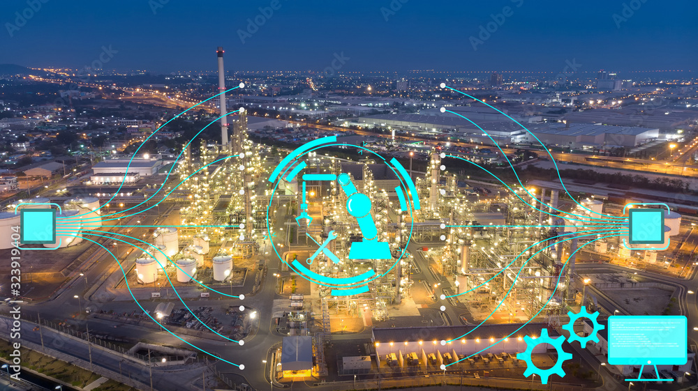 Fototapeta premium Aerial view of chemical oil refinery plant, power plant at sunset sky for industry and maintenance concept.