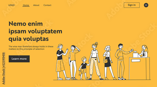 Queue of customers standing at checkout desk. Line of people, cash register, cashier flat vector illustration. Store, shop, payment concept for banner, website design or landing web page