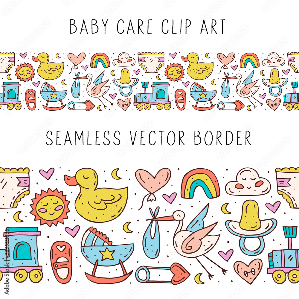Baby care stuff, clothes, toys cartoon cute hand drawn doodle vector seamless border, pattern, texture, backdrop. Funny colorful design. Isolated on white background. Kids decorative design elements. 