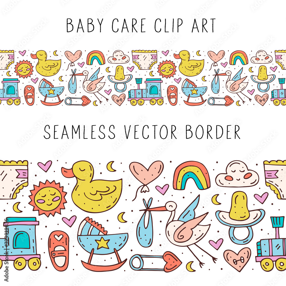 Baby care stuff, clothes, toys cartoon cute hand drawn doodle vector seamless border, pattern, texture, backdrop. Funny colorful design. Isolated on white background. Kids decorative design elements. Baby care stuff, clothes, toys cartoon cute hand drawn doodle vector seamless border, pattern, texture, backdrop. Funny colorful design. Isolated on white background. Kids decorative design elements.