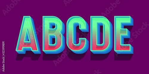 A, B, C, D, E volumetric blue red letters. Urban 3d retro font.