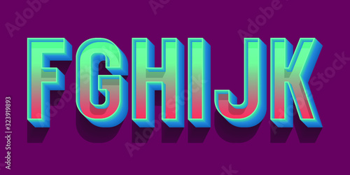 F, G, H, I, J, K volumetric blue red letters. Urban 3d retro font.