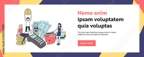 Customers with cash or credit cards paying for purchase. Money, receipt, POS terminal flat vector illustration. Payment, transaction, finance concept for banner, website design or landing web page