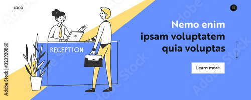 Businessman checking in to hotel. Man with briefcase standing at reception desk flat vector illustration. Registration, tourism, business concept for banner, website design or landing web page
