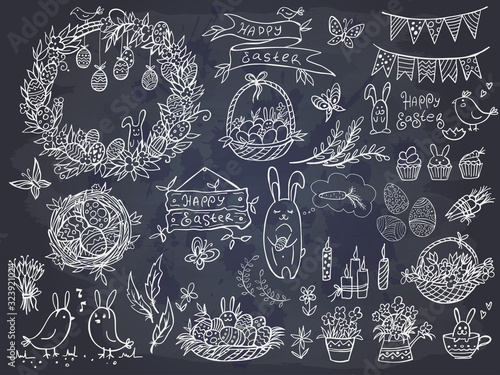 Set of doodle easter elemetns isolated on chalkboard. Basket with colored eggs, rabbit, carrots, tulips, cake, candle, chick. Vector illustration. Perfect for coloring book, greeting card, print.