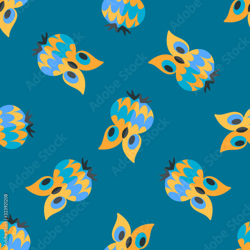 Seamless pattern with cute owls on blue background. Flat Style . Vector illustration © Надежда Аксенова