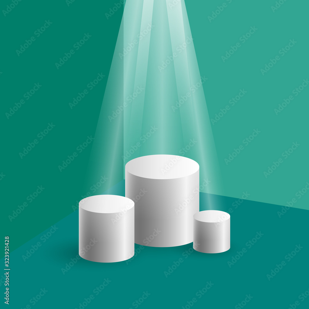 Cylindrical boxes for demonstration on the background of the corner with green walls and floor, white podium stand and light shines from above, vector illustration Cylindrical boxes for demonstration on the background of the corner with green walls and floor, white podium stand and light shines from above, vector illustration