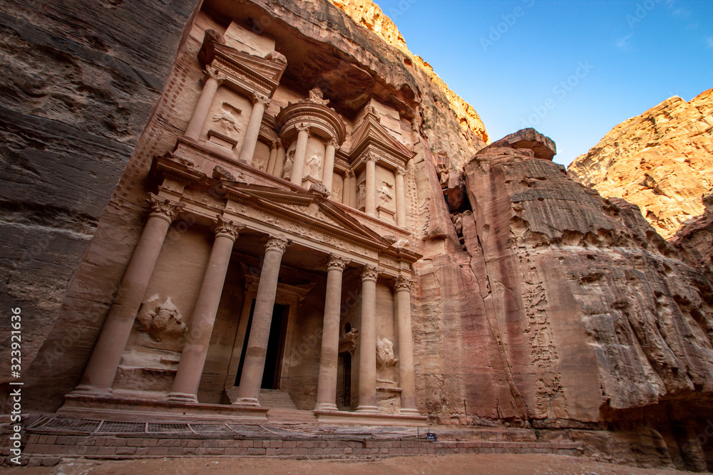 Iconic monument The Treasury at sunrise in Petra, Jordan