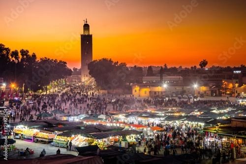 Jamaa el Fna market square with Koutoubia mosque, Marrakesh, Morocco, north Africa 