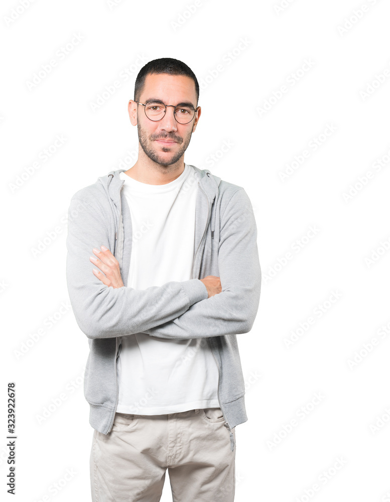Serious young man looking up gesture Serious young man looking up gesture