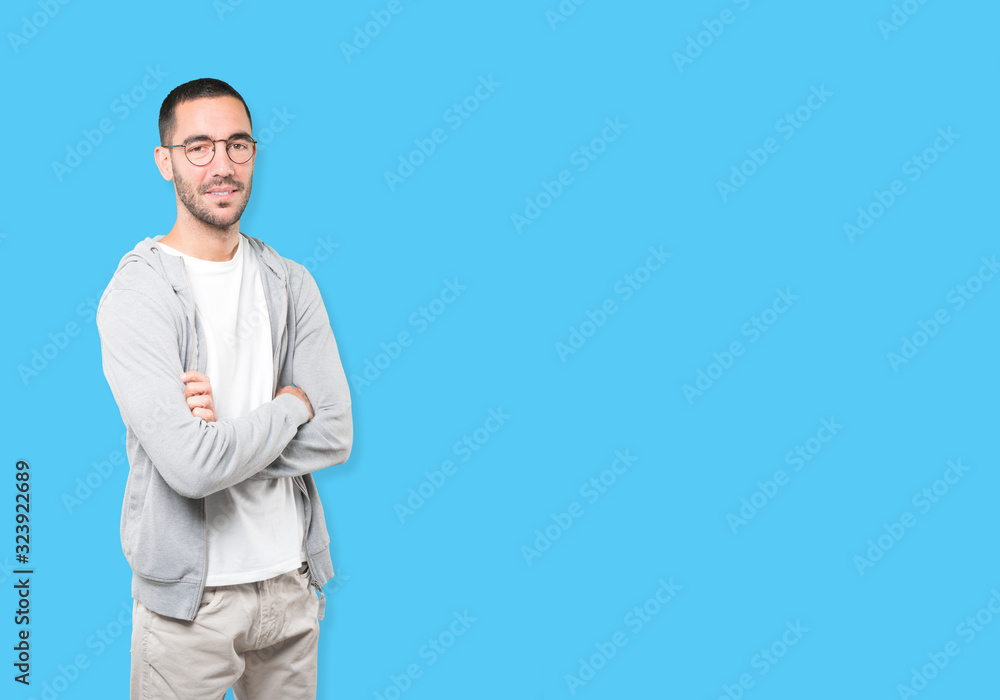 Serious young man looking up gesture Serious young man looking up gesture