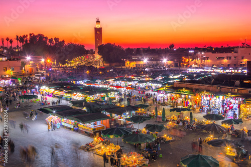Jamaa el Fna market square with Koutoubia mosque, Marrakesh, Morocco, north Africa  photo