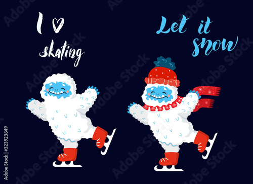 Cute snow yeti I love skating vector set. Happy cartoon yeti with red winter hat and scarf. Winter holidays and activities