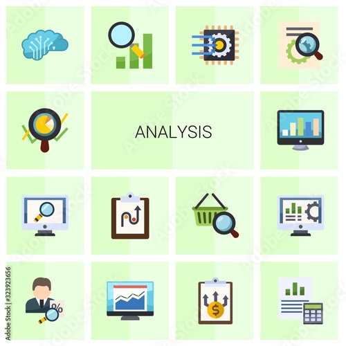 14 analysis flat icons set isolated on white background
