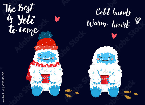 Cute and cozy snow yeti drinking coffee or tea vector set. The Best is Yeti to come. Happy cartoon yeti with red winter hat and scarf. Winter holidays and activities